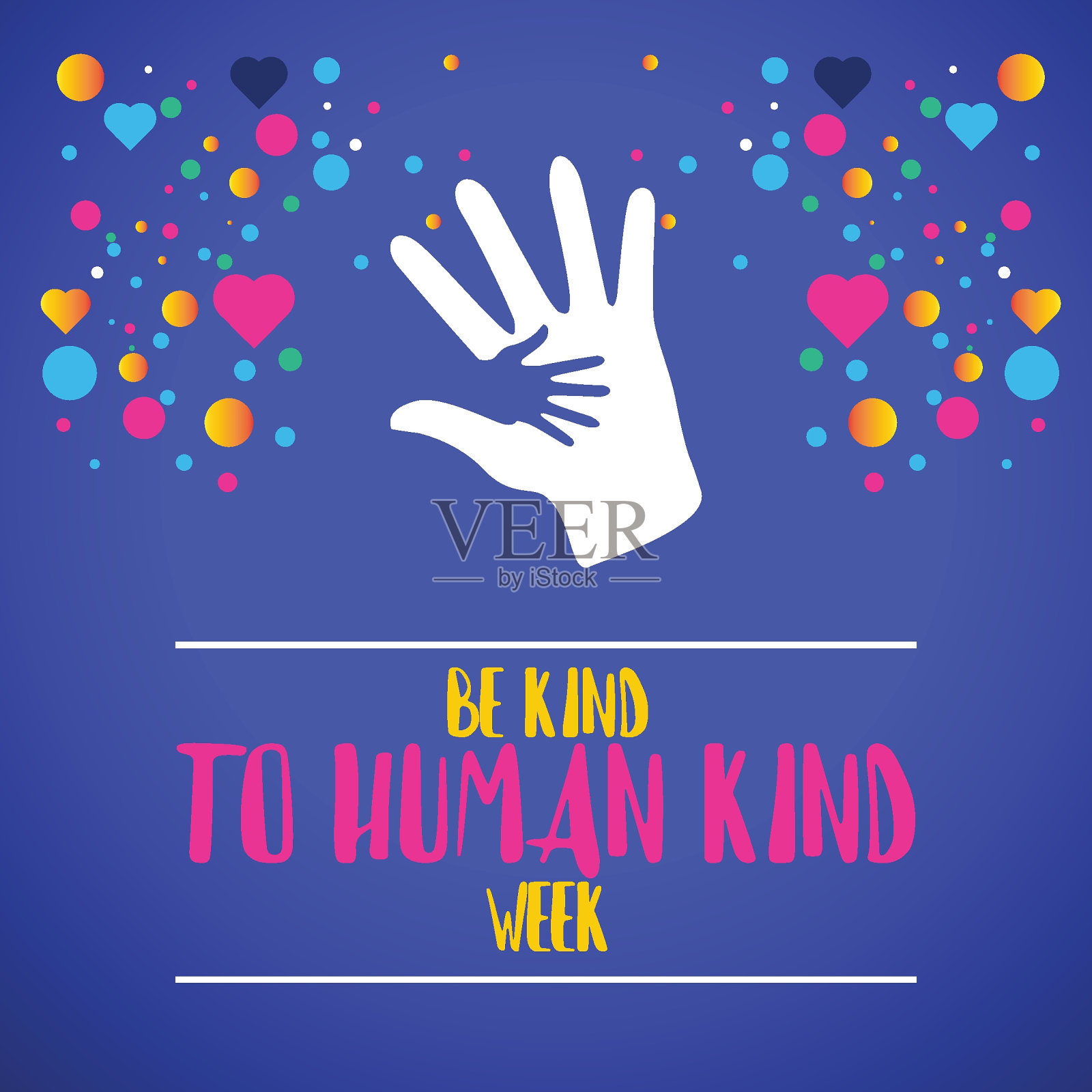 8月25日至31日，善待人类周，概念矢量插图，一些爱和手的彩色和文字孤立在蓝色背景上，以纪念善待人类周。背景，横幅，卡片，海报，模板。矢量插图。插画图片素材