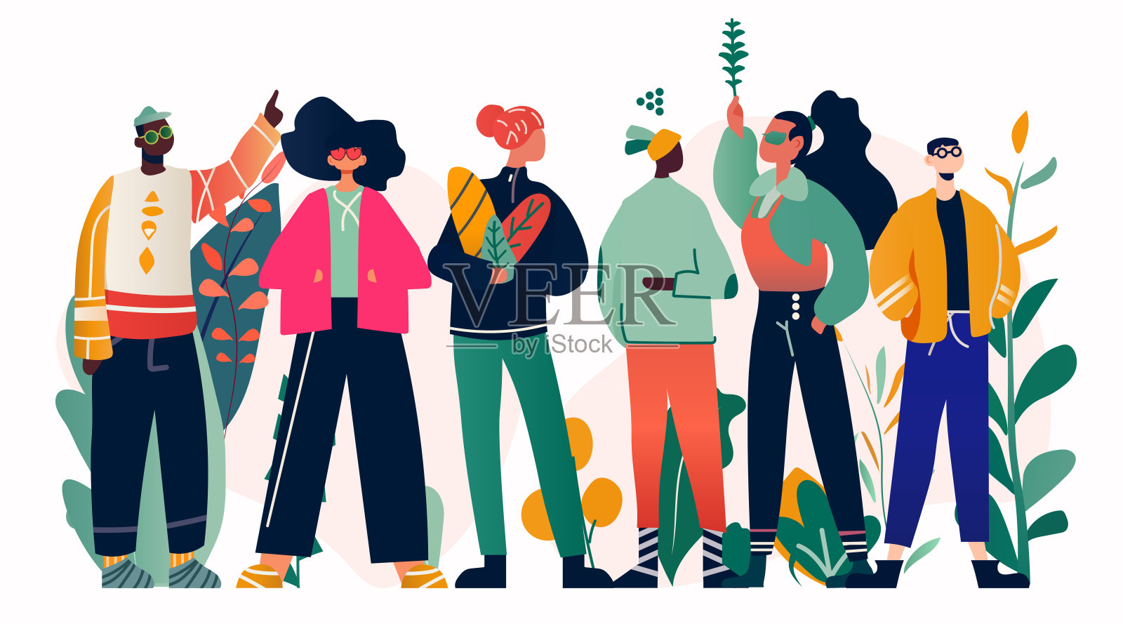 多样的人群站在一起，手持植物和面包五颜六色的现代扁平风格简约的背景插画图片素材