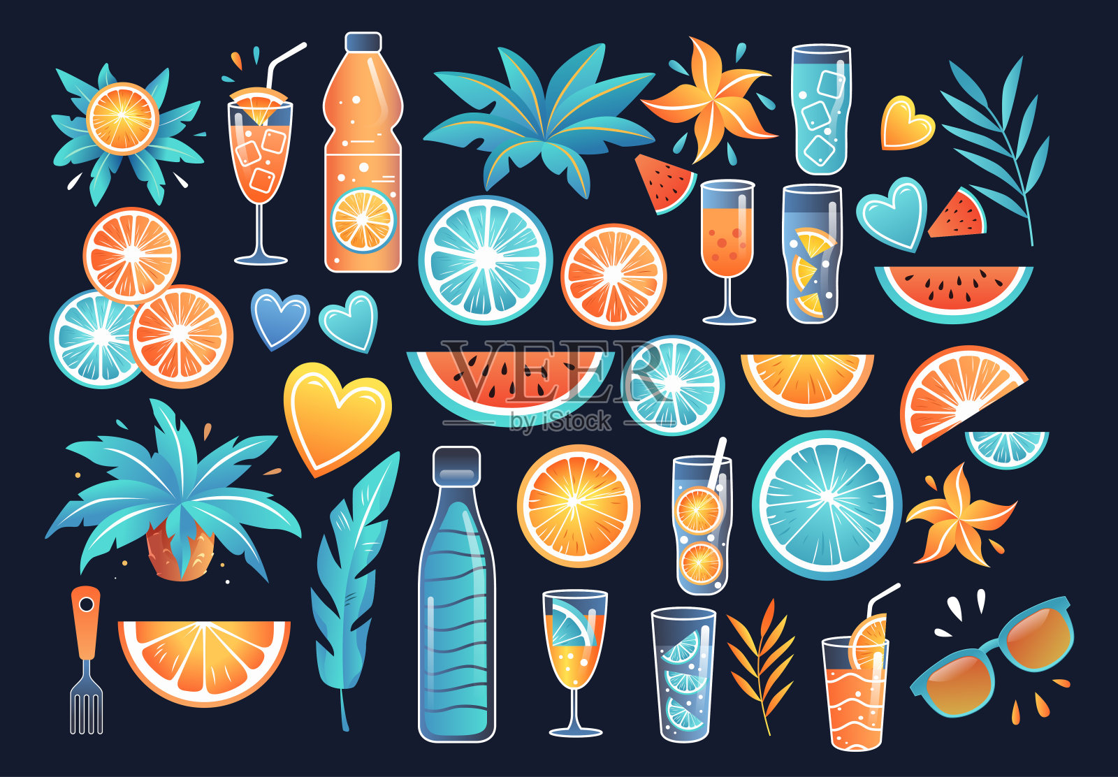 热带水果饮料棕榈叶太阳镜充满活力的夏季主题深色背景插画图片素材