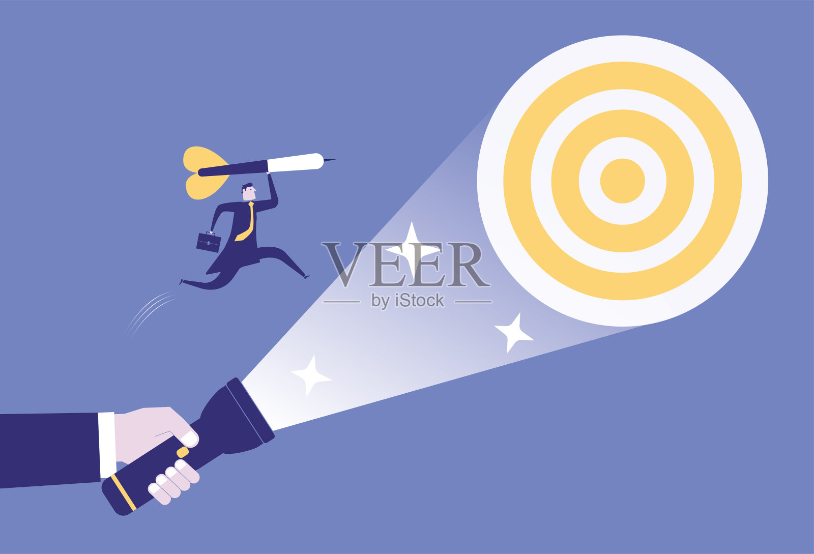 一个巨人用手电筒帮助一个商人把飞镖射向靶心插画图片素材