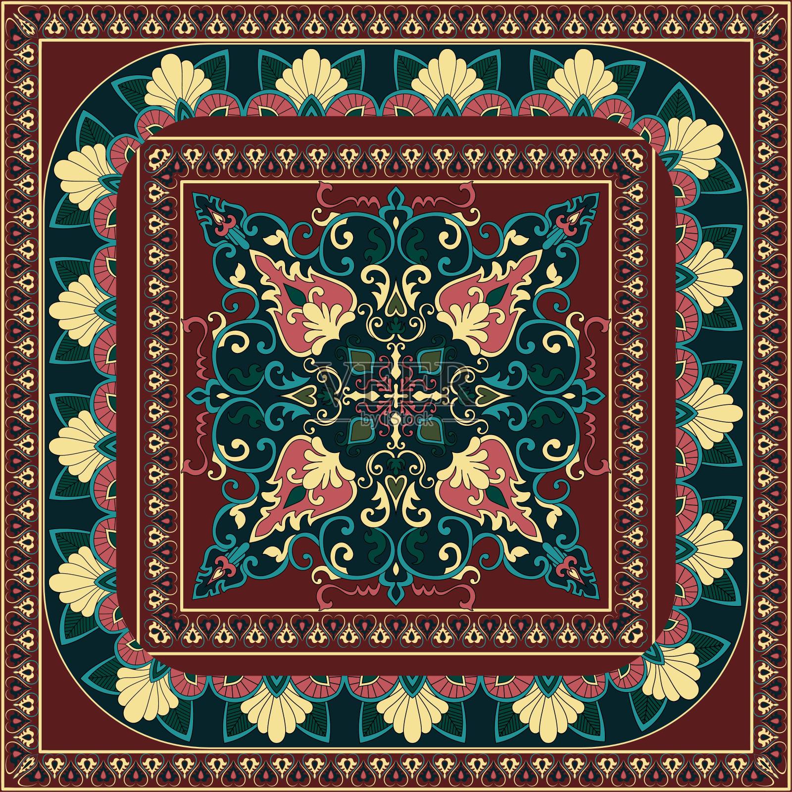 彩色装饰矢量设计的地毯，tapis，瑜伽垫。几何民族剪贴画。带有装饰元素的阿拉伯装饰地毯。波斯地毯插画图片素材