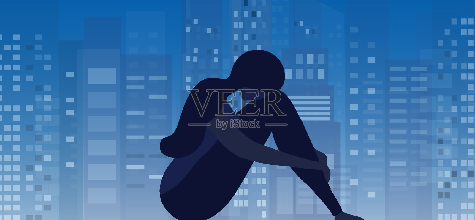 悲伤和沮丧的女人抱着膝盖坐在窗户上。不快乐和压力，心理学，抑郁，压力，心理健康。和孤独矢量图。插画图片素材