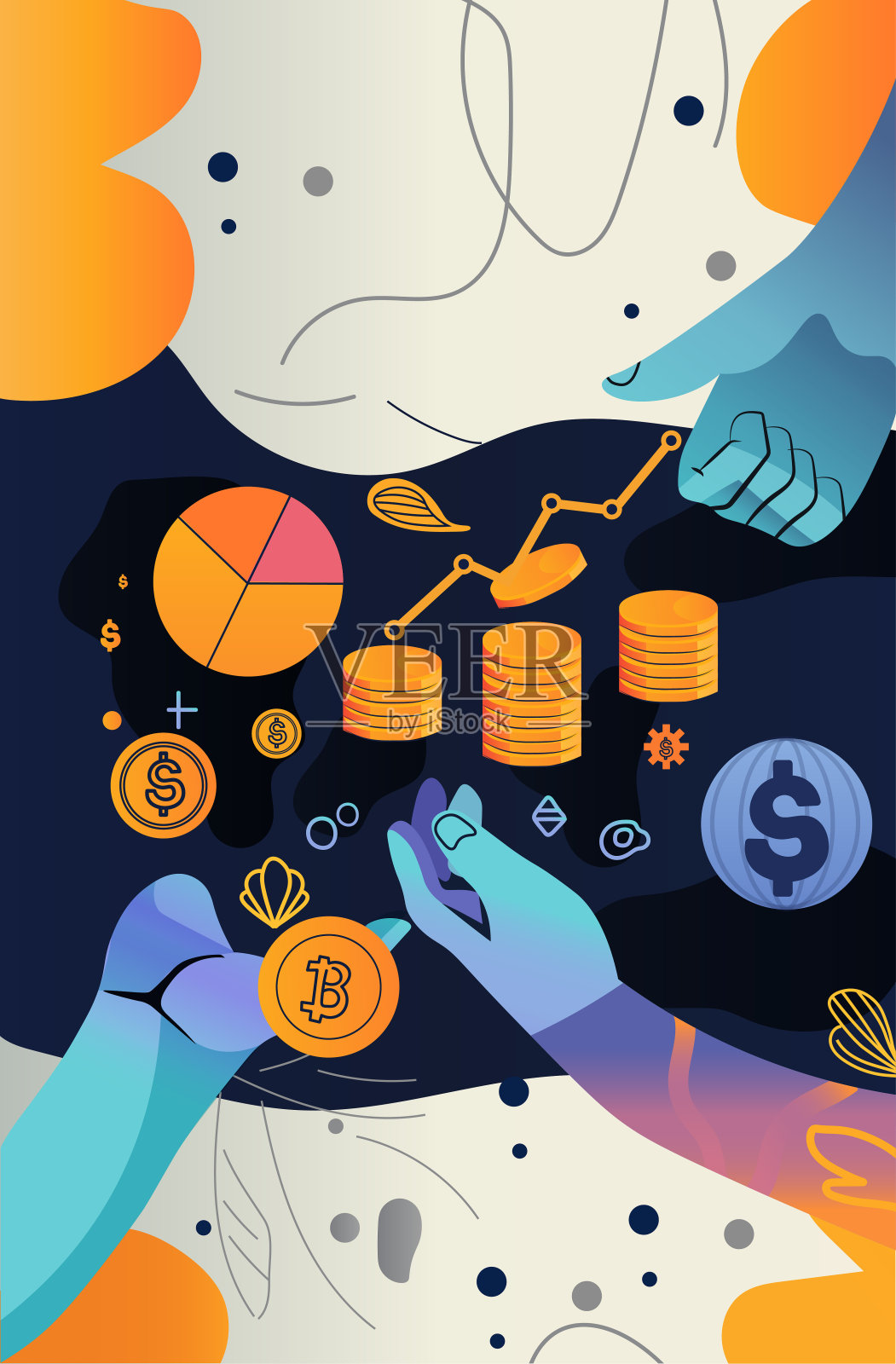 数字货币手换币金融增长。三个抽象的手交换硬币与金融图表和符号在黑暗的背景插画图片素材