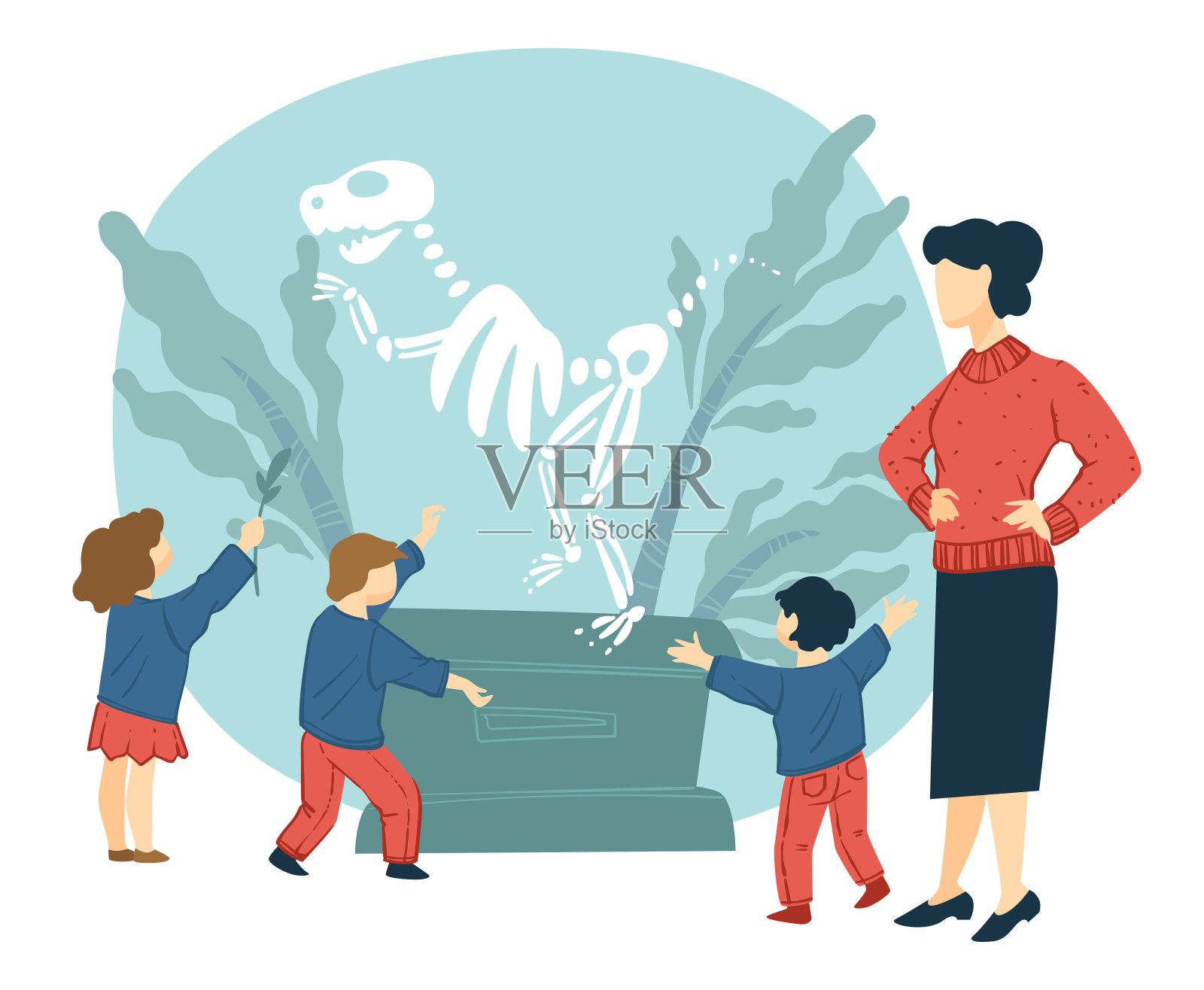 老师和孩子们在历史博物馆游览插画图片素材