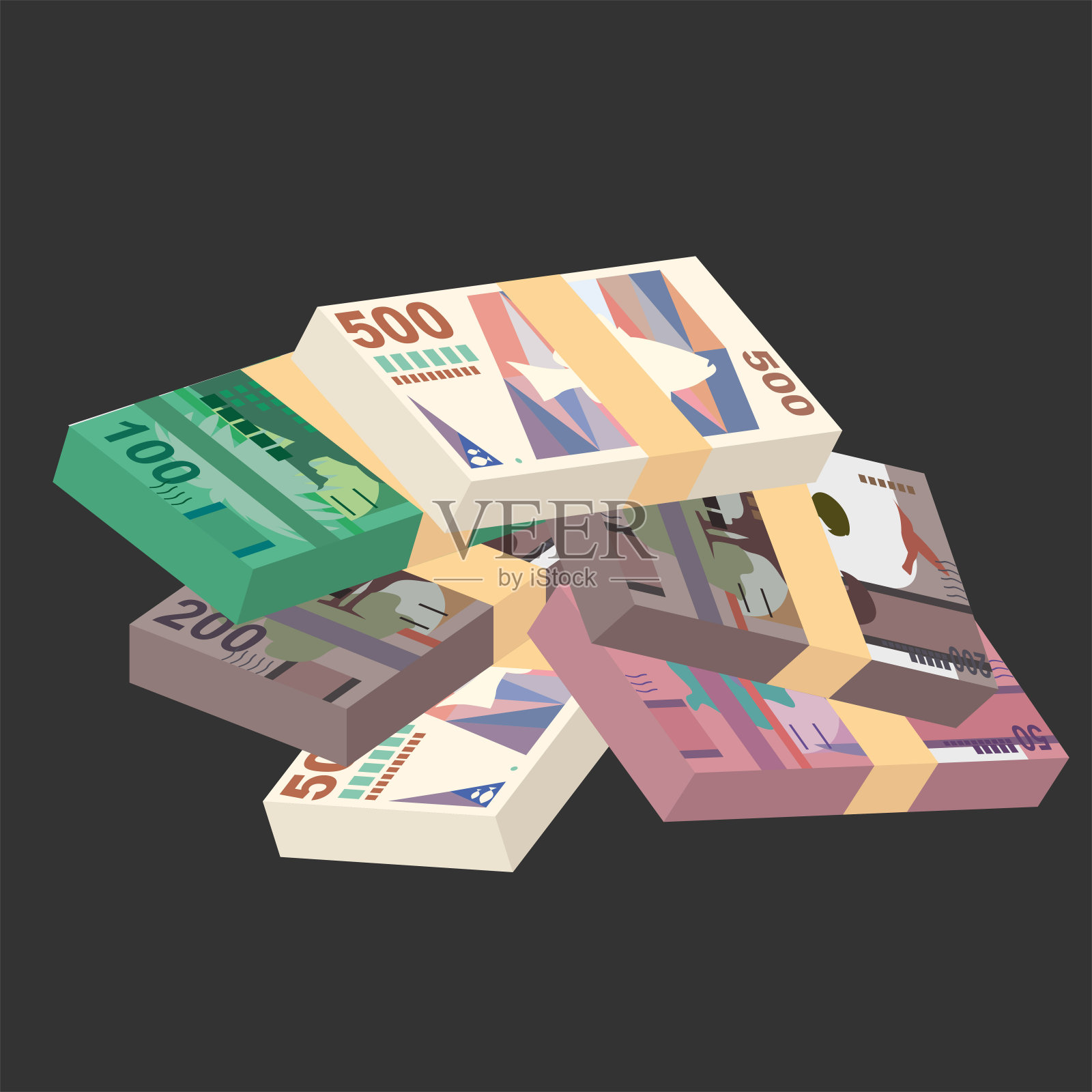 阿鲁巴弗洛林矢量插图。阿鲁巴，荷兰货币集捆钞票。纸币50,100,200,500 AWG。平的风格。孤立在白色背景上。简单的最小设计。插画图片素材