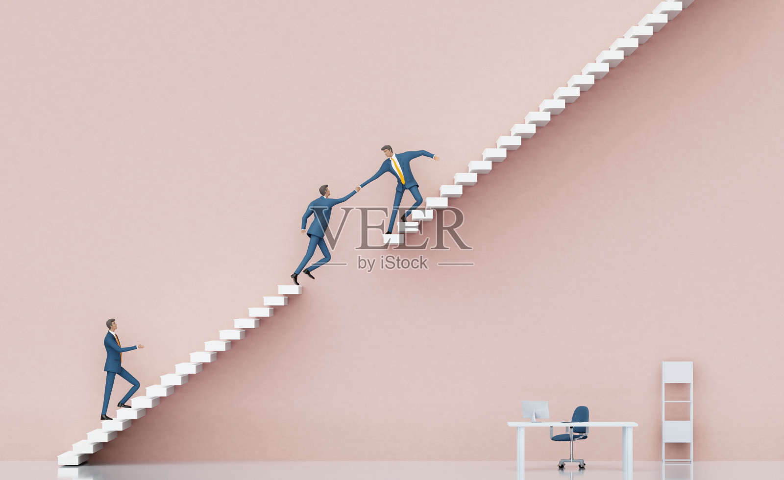 商人在平台之间跳来跳去，以达到更高的位置。商业环境概念，楼梯和打开的门，代表职业，成就，成长和成功的3D渲染照片摄影图片