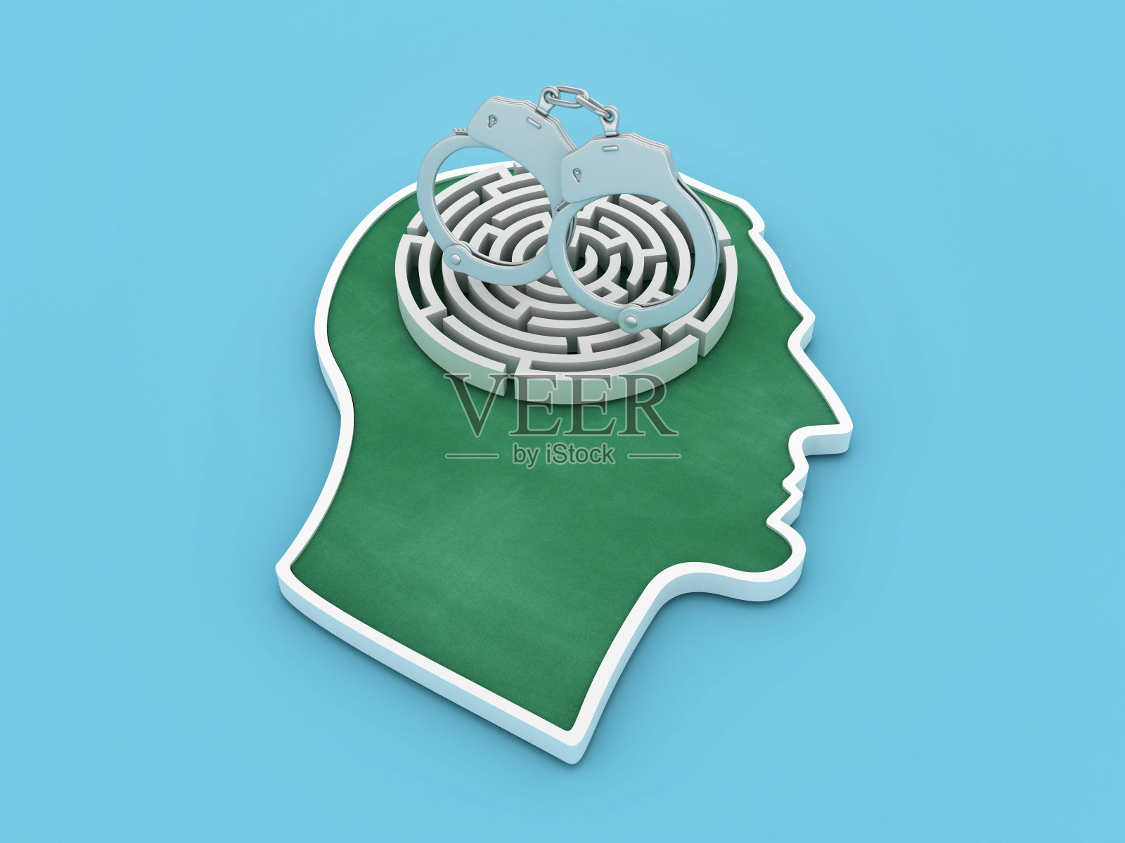 3D手铐迷宫和人的头部轮廓形状照片摄影图片