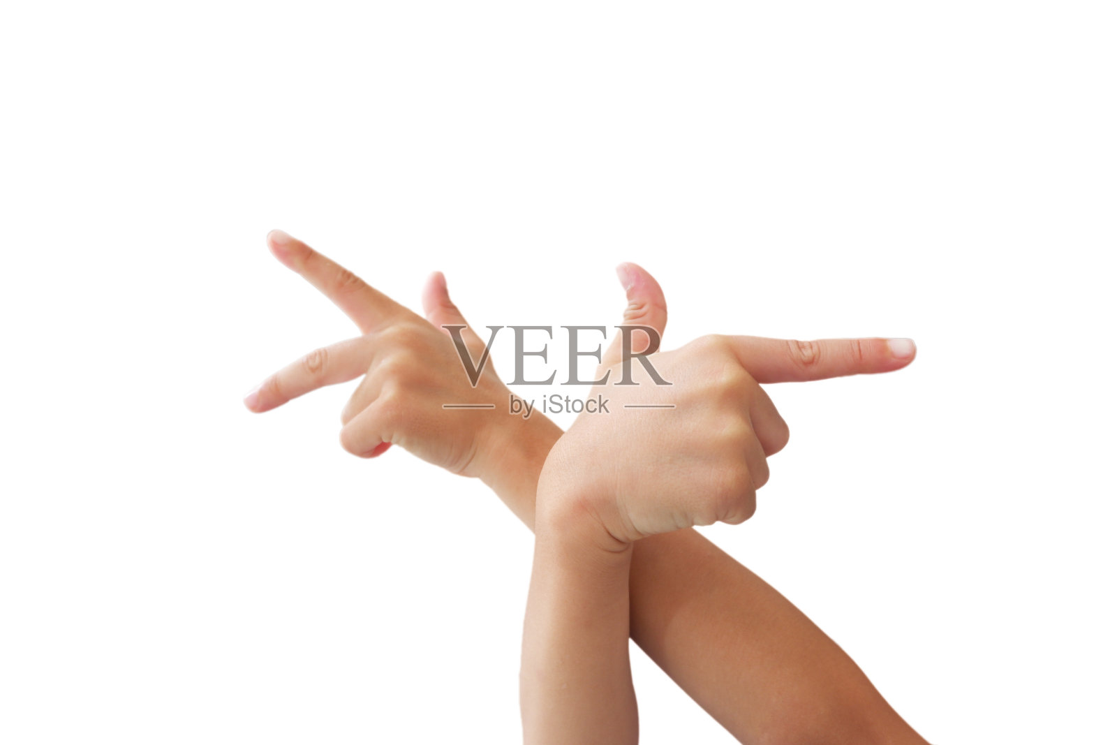 亚洲男孩的手在白色背景上做手势。照片摄影图片