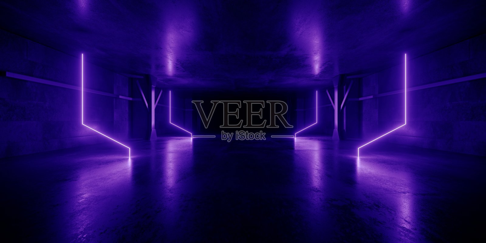 充满活力的宇宙飞船外星人霓虹灯激光赛博朋克舞台讲台发光隧道走廊现实科幻未来主义黑暗混凝土垃圾摇滚地下室地下停车场展厅3D渲染照片摄影图片