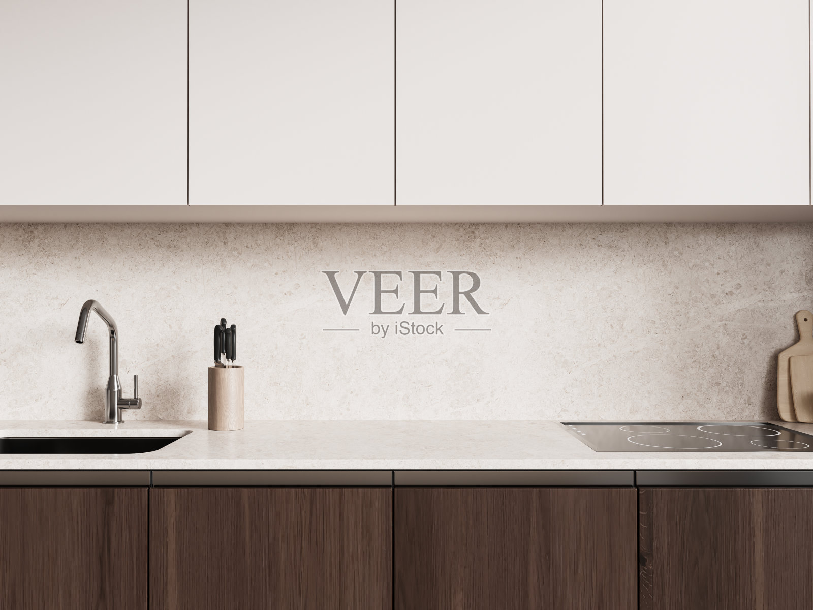 极简主义的厨房内部配备洗手盆和炉子，架子和厨具照片摄影图片