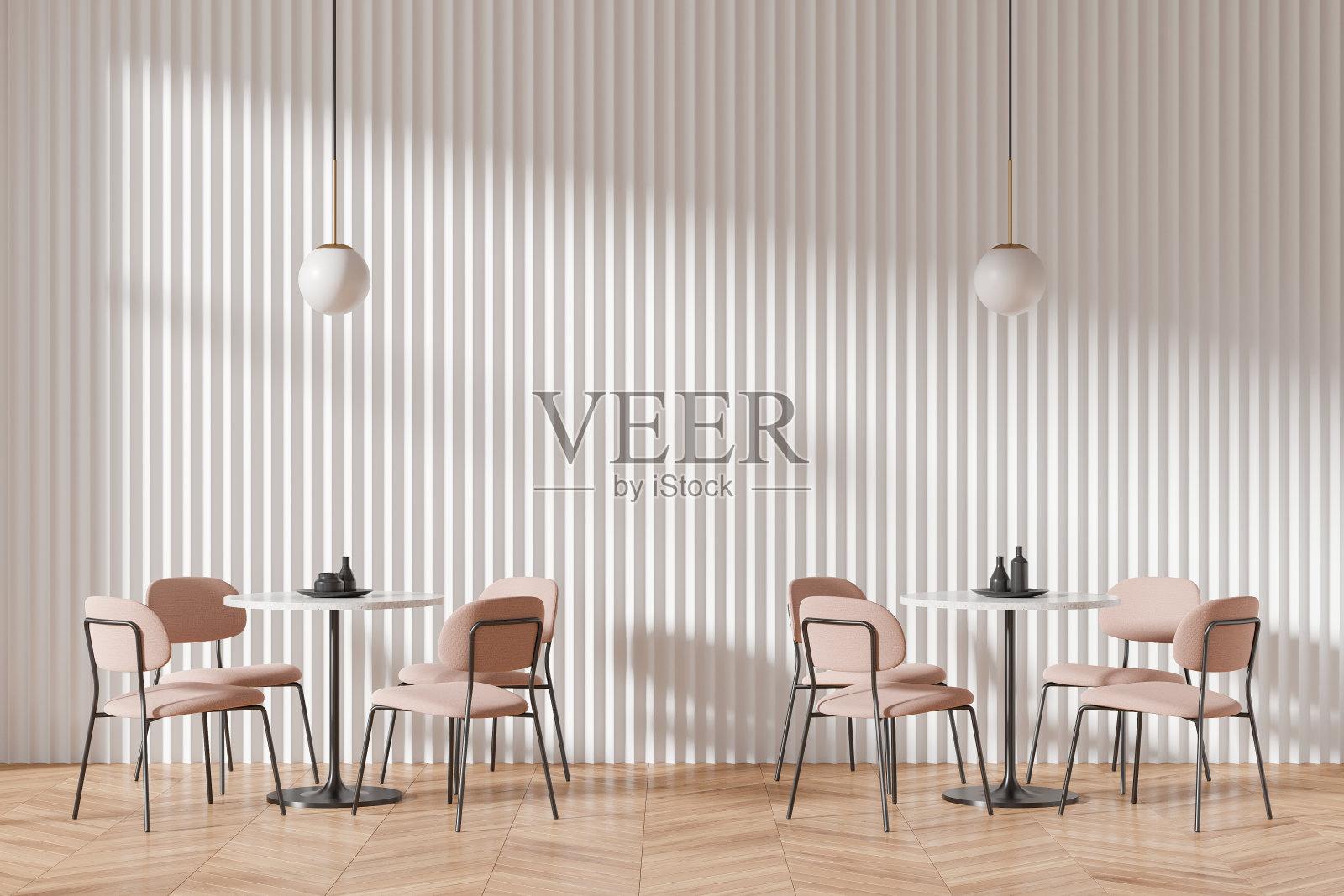 时尚的现代咖啡馆内部，硬木地板上的椅子和餐桌照片摄影图片