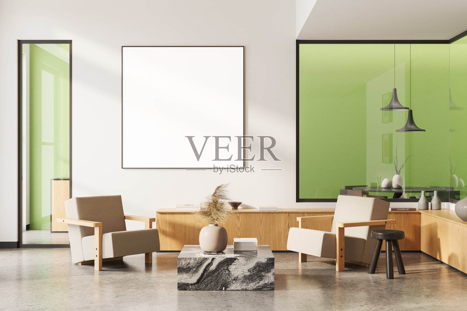 豪华的家庭客厅内部有放松和用餐空间，模型框架照片摄影图片