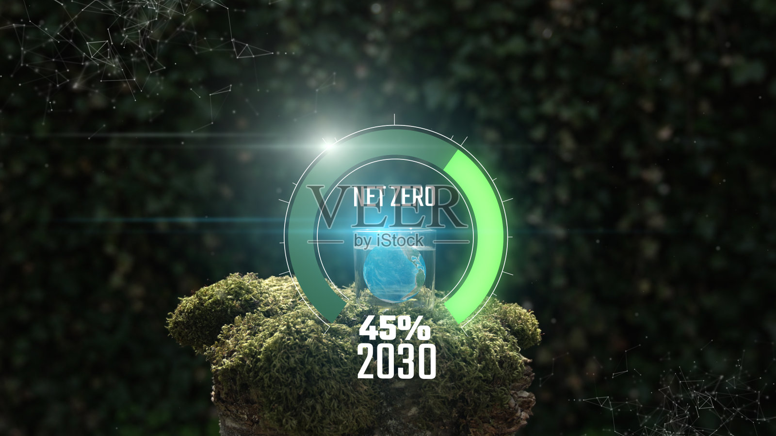 2050年净零排放倒数动画45%在2030年的玻璃水概念Moss背景照片摄影图片