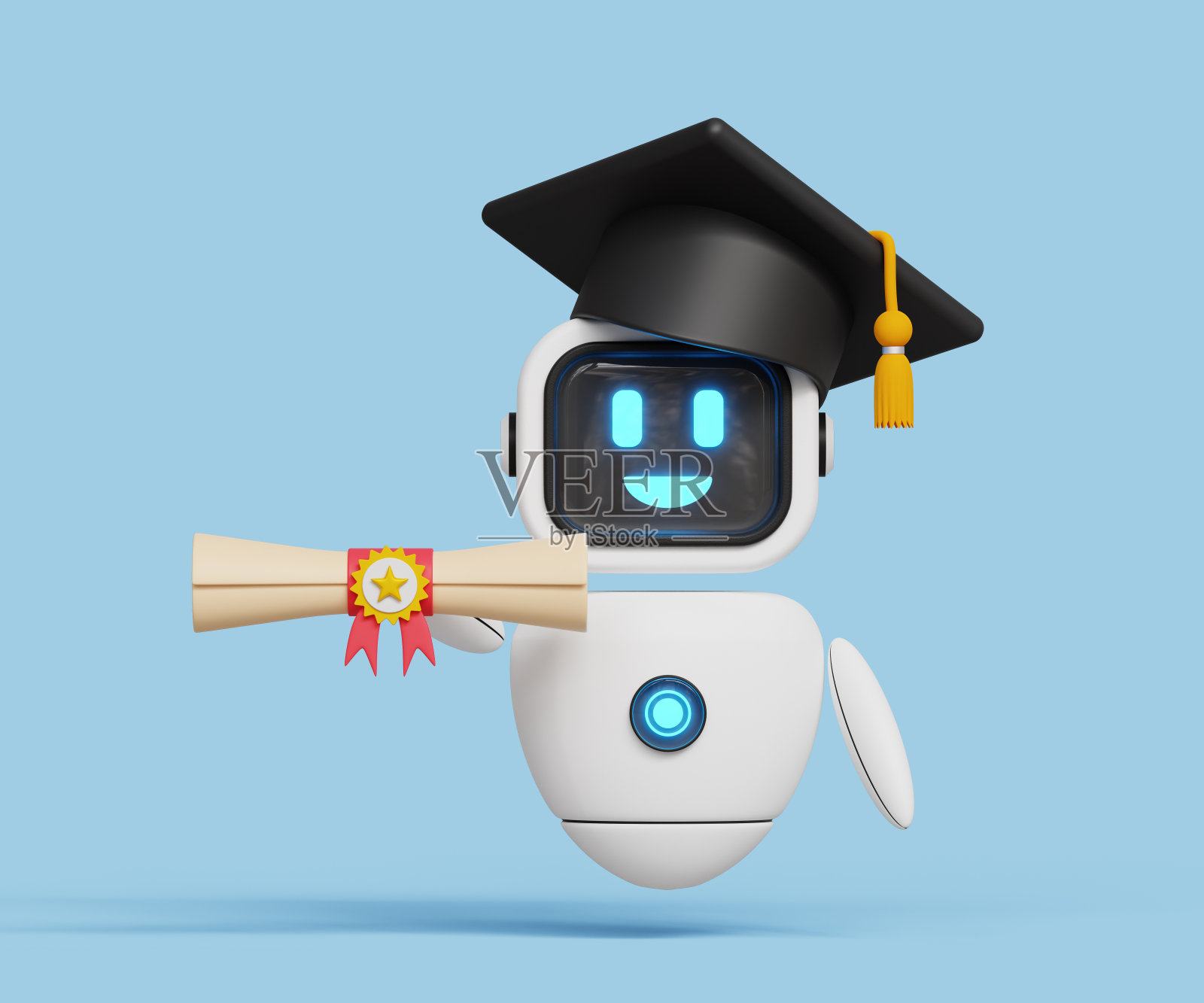 人工智能学习与教育理念。机器学习。教育的未来。3D智能机器人，带毕业典礼帽和学位或文凭证书。三维演示照片摄影图片