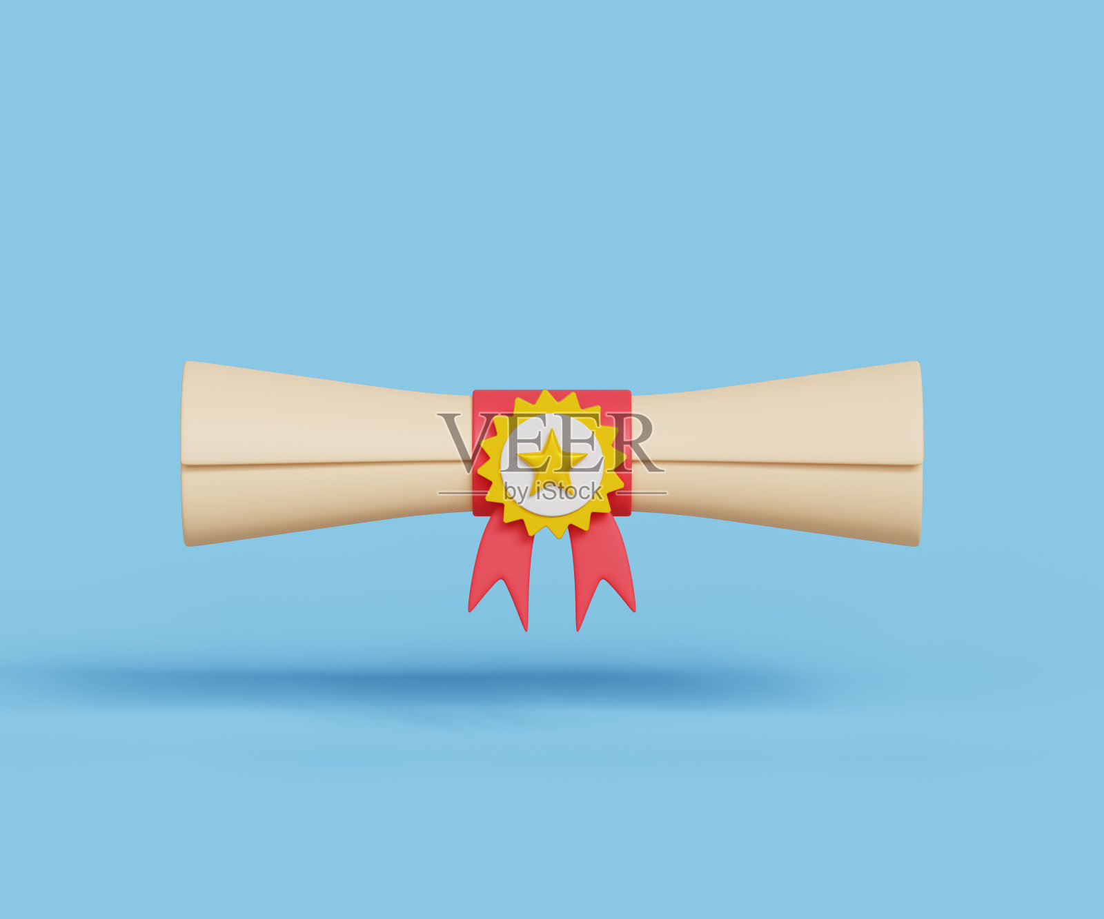 3D文凭图标。教育或商业学位，有助于职业发展。职业机会、技能、培训或文凭概念。三维文凭卷与红丝带和徽章。三维演示照片摄影图片