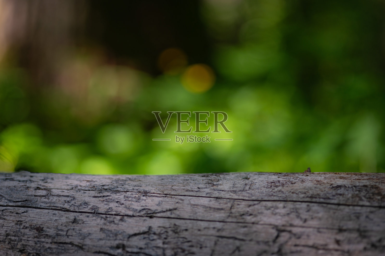 木质裙房地板在室外热带花园森林模糊绿叶植物的自然背景。自然产品放置台架展示，丛林天堂概念。照片摄影图片
