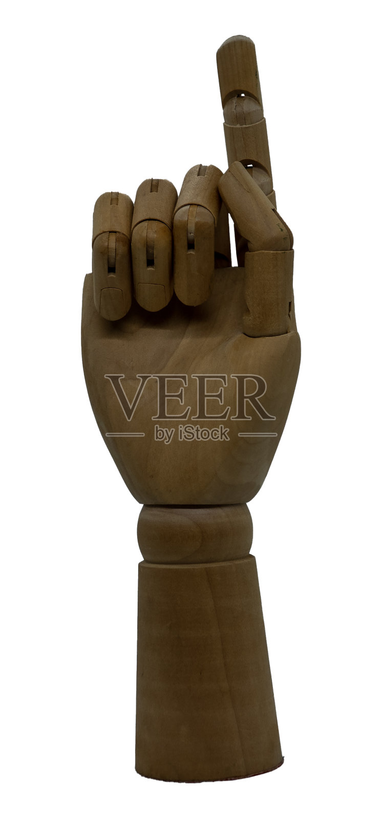 木制的有关节的手，一根手指抬起，好像指着或做着数字1的手势照片摄影图片