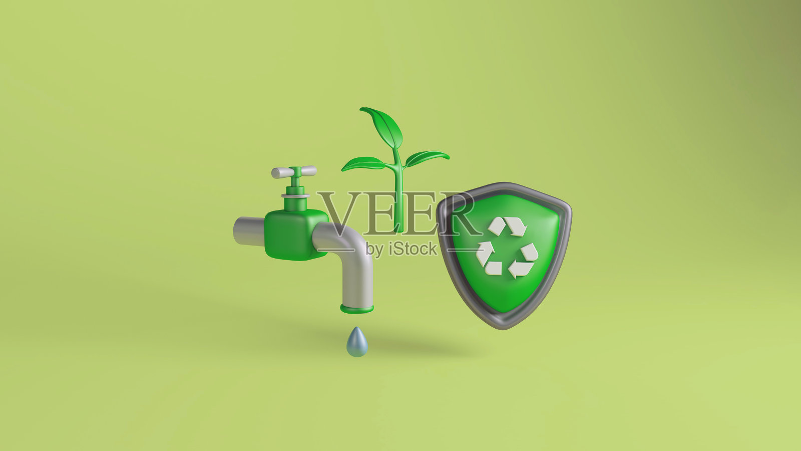 带有水龙头、植物和回收盾的生态友好符号的3D插图照片摄影图片