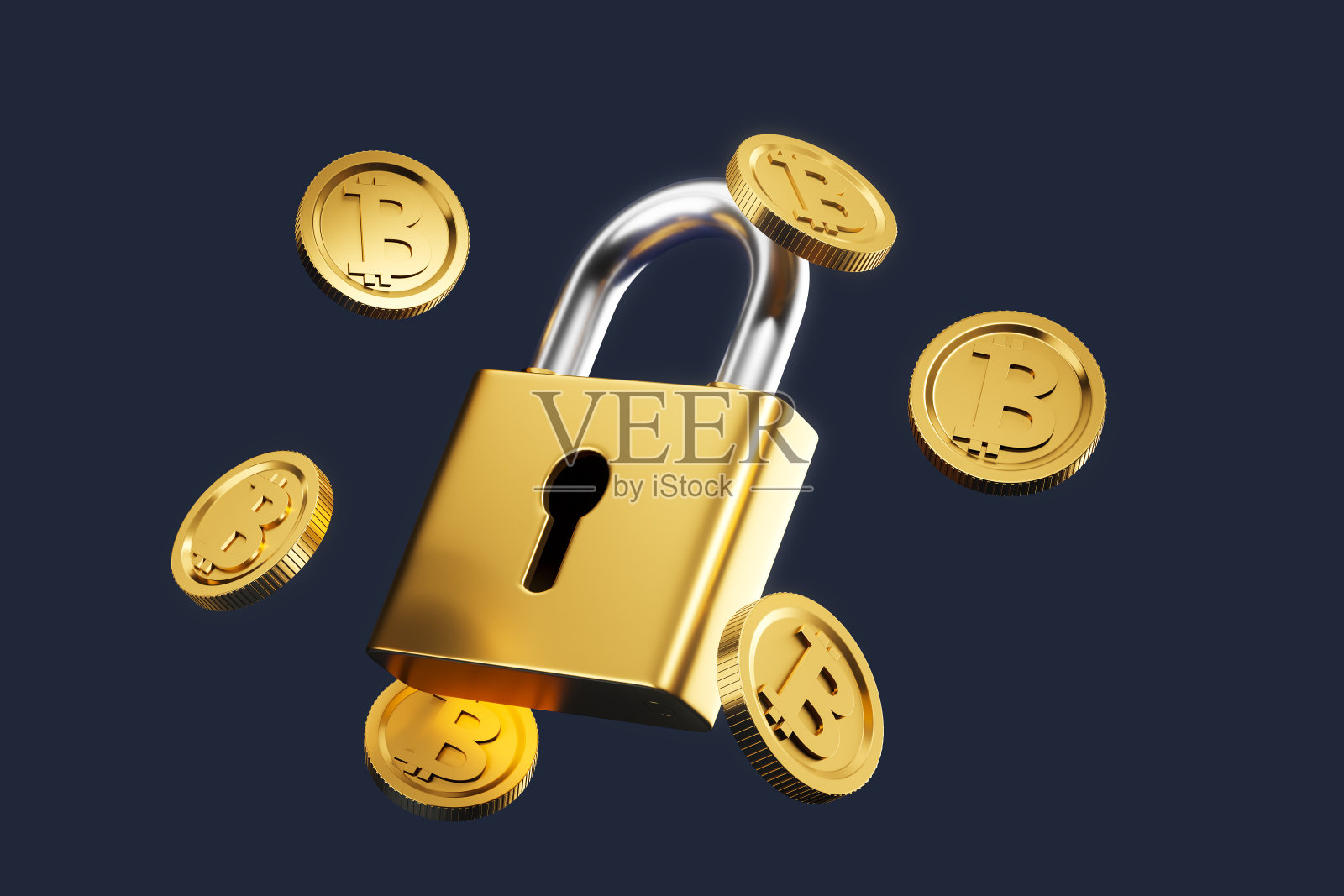 金色的挂锁和比特币在黑暗的背景下，安全的加密储蓄概念。三维渲染照片摄影图片