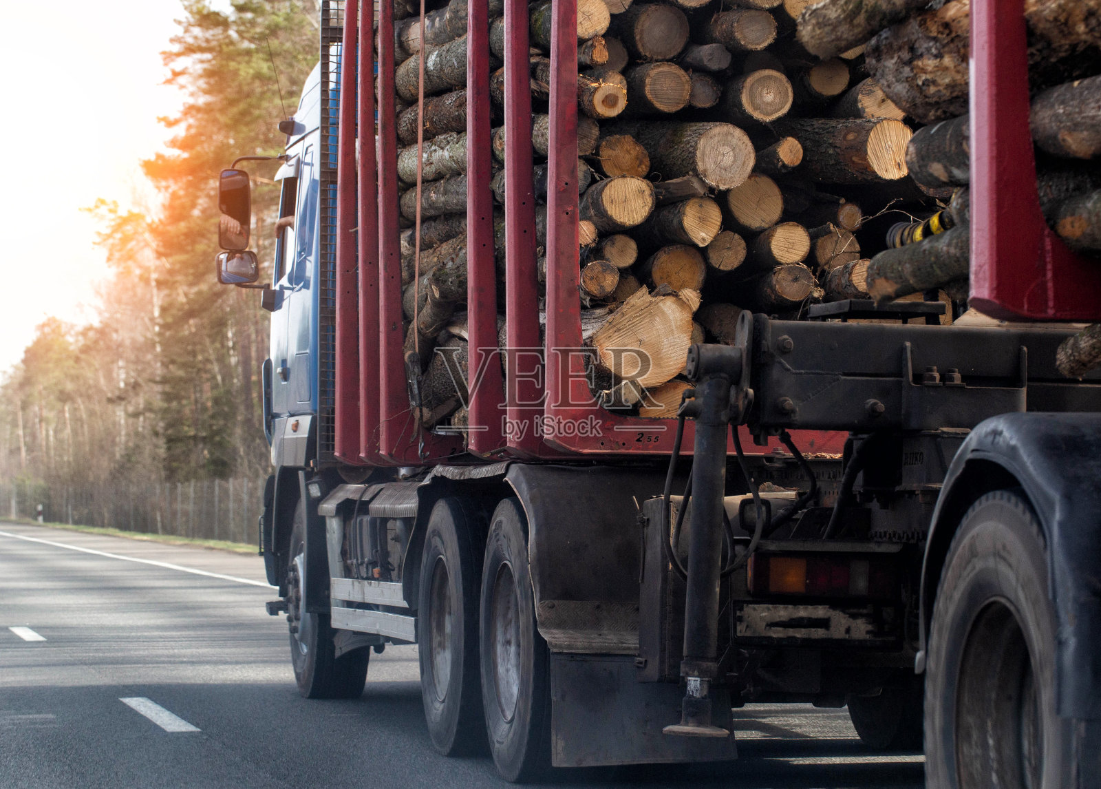 一辆木材半挂车沿着柏油路运输原木，背景是春天的日落。日志记录，文本复制空间，工业照片摄影图片