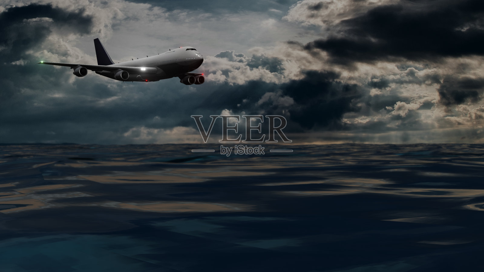 飞机在阴天飞越海面照片摄影图片