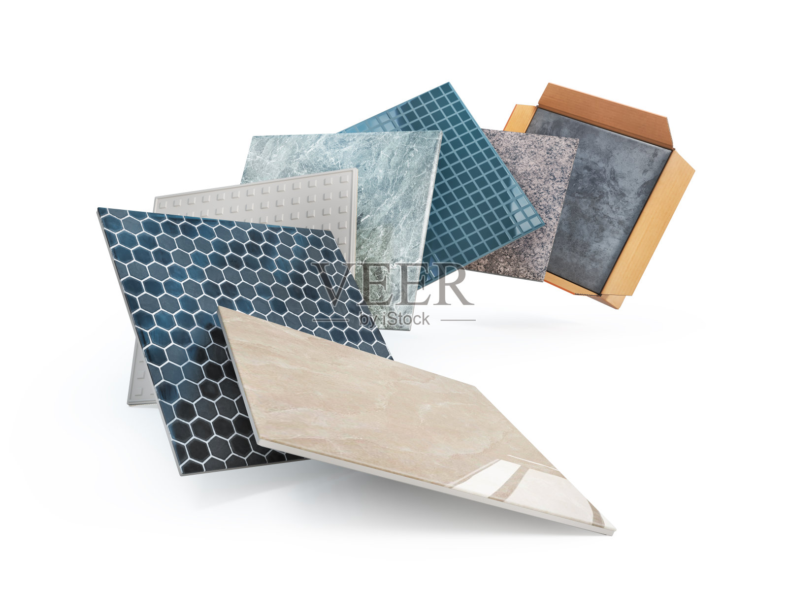 一堆不同的瓷砖在白色的背景。三维演示照片摄影图片