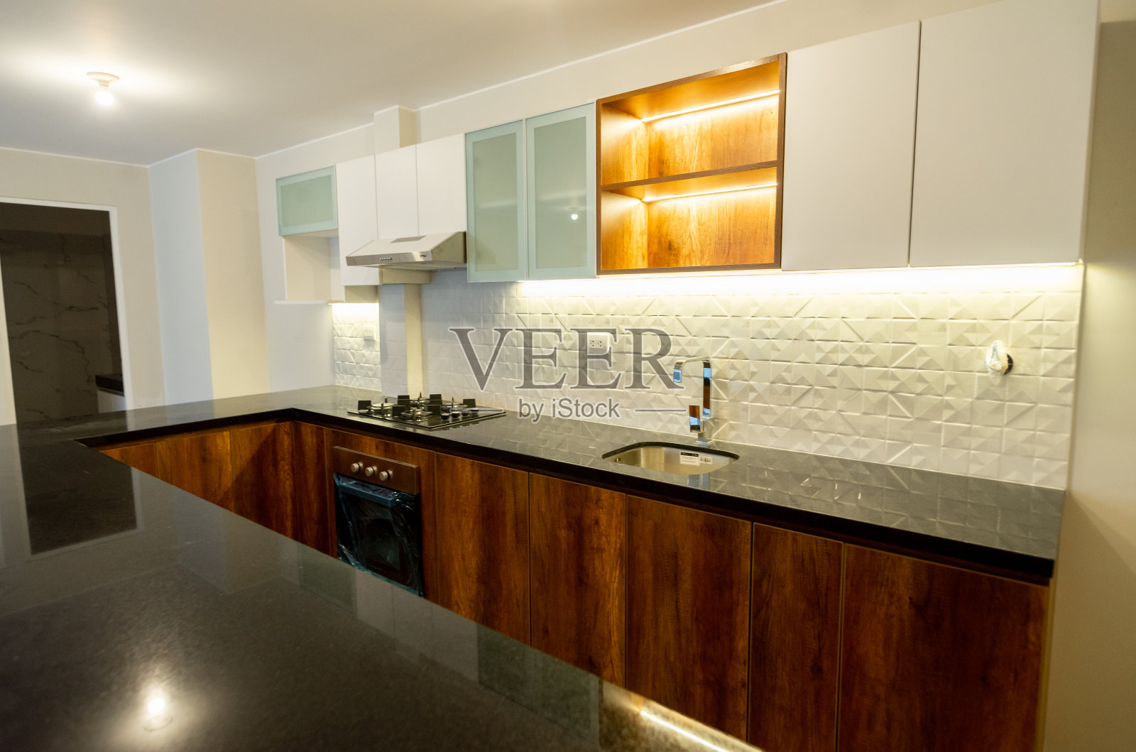 带墙壁和基础单元的公寓厨房照片摄影图片