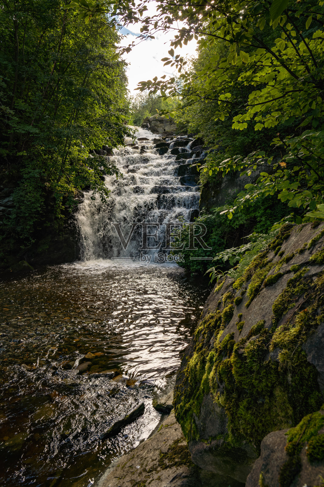 挪威特隆赫姆市附近Ilabekken河上的林地瀑布照片摄影图片