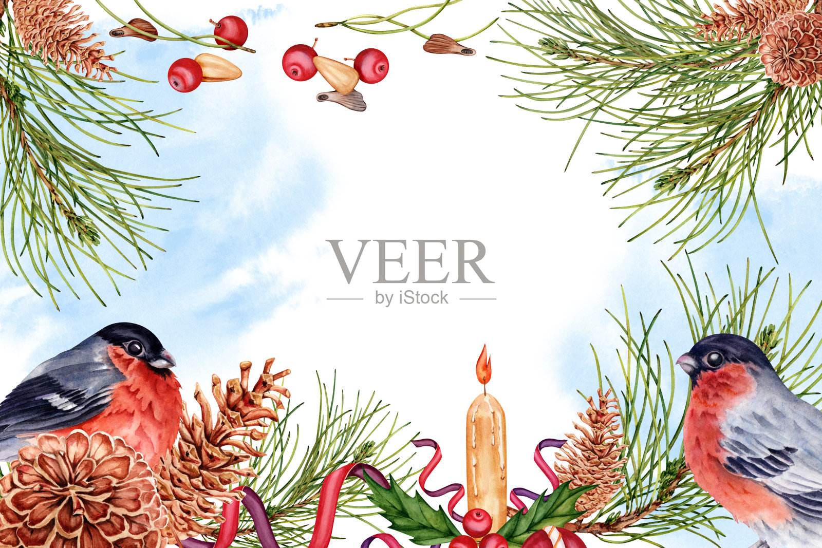 圣诞贺卡手绘松枝和松果，丝带装饰和雀鸟。水彩插图孤立的白色背景。复制空间寒假明信片，请柬设计插画图片素材