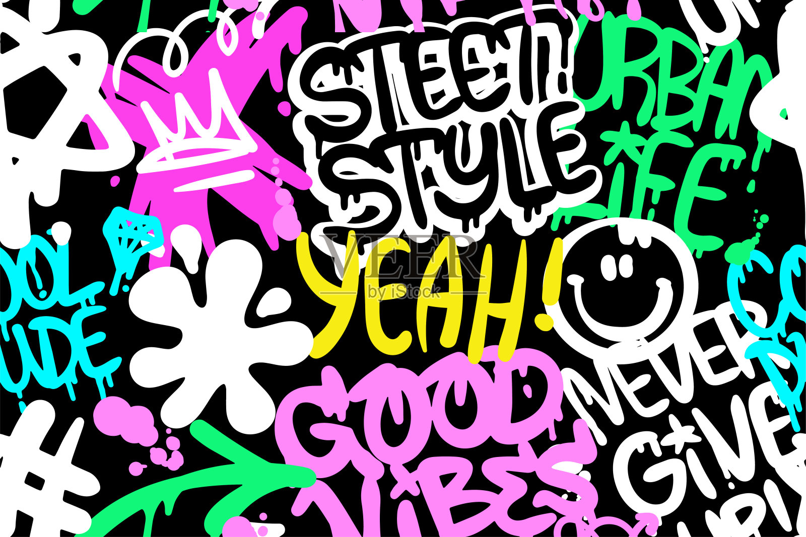 明亮的色彩涂鸦艺术与激励口号和时髦的符号无缝图案插画图片素材