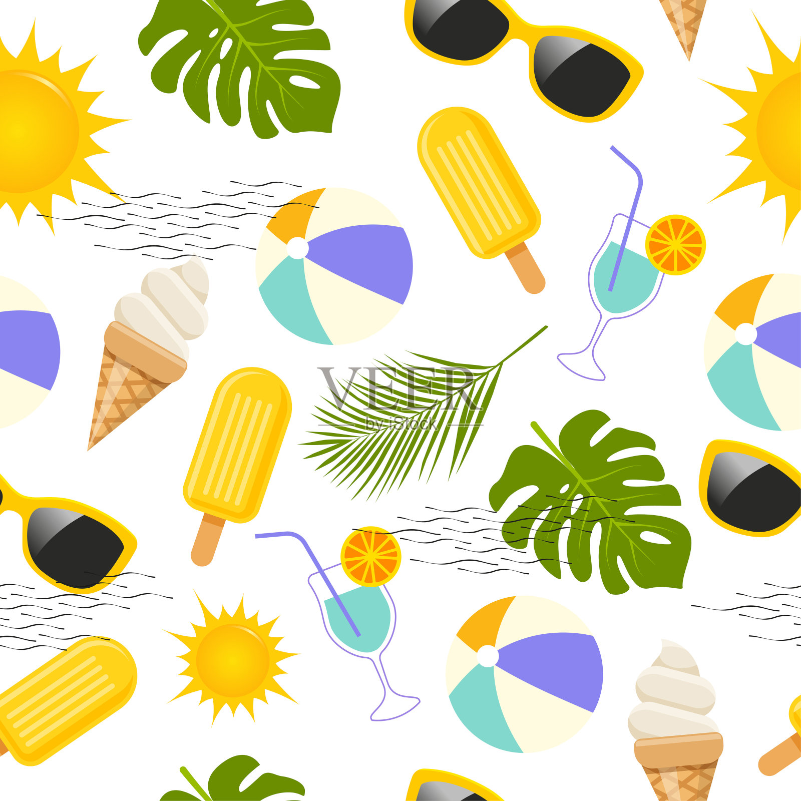 无缝夏季主题图案与可爱的热带树叶和冰淇淋插画图片素材