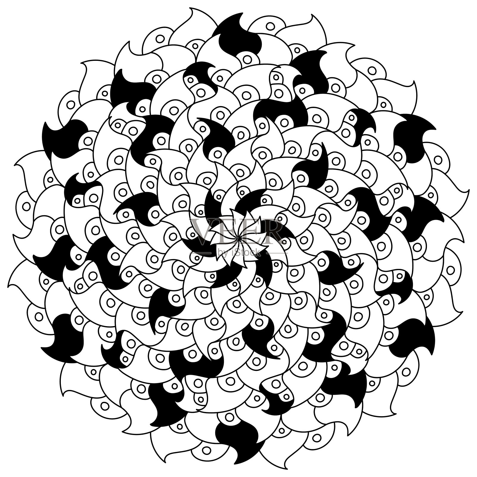 抽象轮廓曼陀罗在花的形状，创造性的彩色页与黑暗的花瓣活动插画图片素材