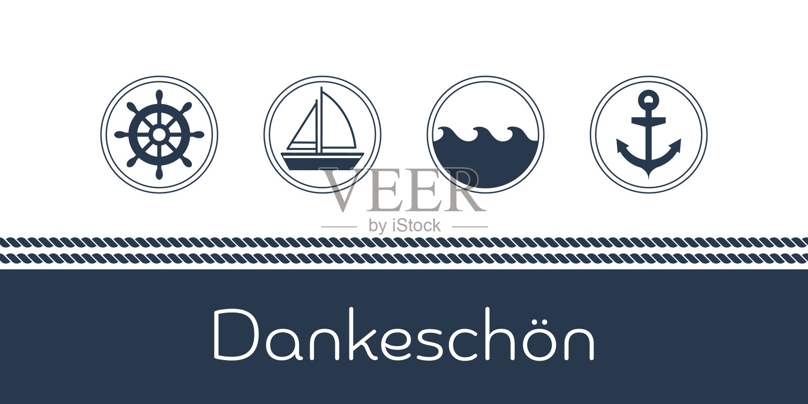 Dankeschön -德文文本-非常感谢。航海卡，包括帆船、波浪、锚和方向盘。插画图片素材