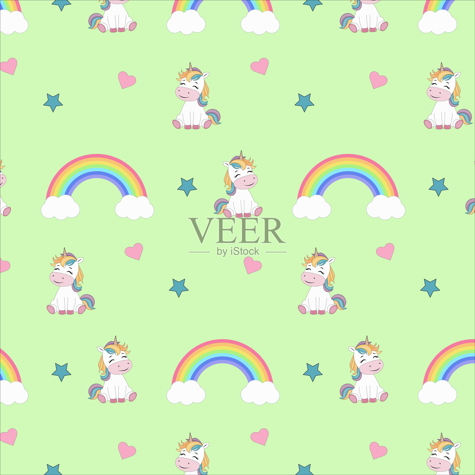 重复无缝图案与独角兽，彩虹，星星和心插画图片素材