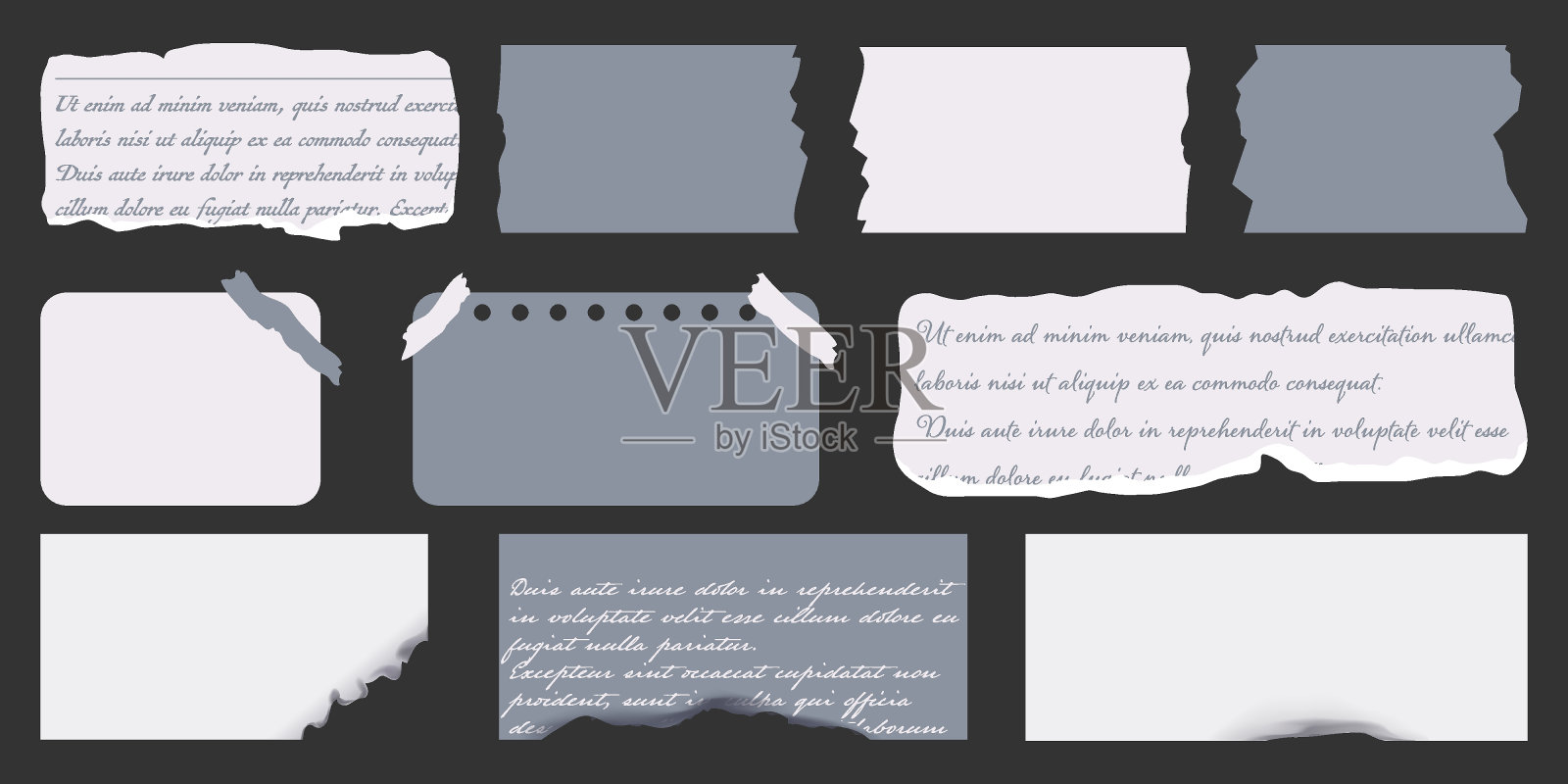 从记事本上撕下来的各种纸张。一套撕破的逼真的书页。由线、单元格、点组成的表格的集合。烧床单。插画图片素材