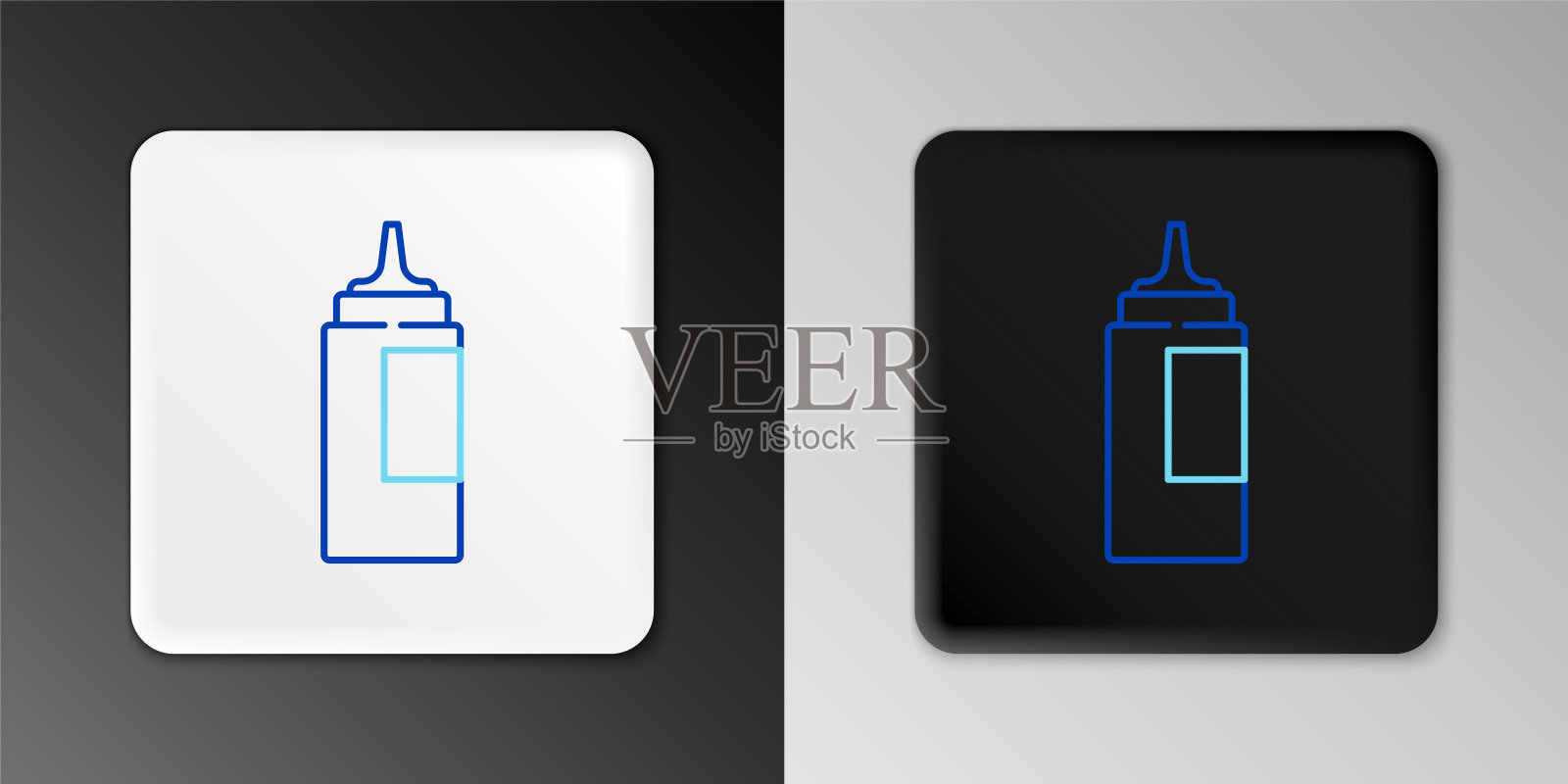 线酱瓶图标孤立在灰色背景。蕃茄酱、芥末酱、蛋黄酱瓶，配酱，用于快餐。色彩缤纷的轮廓概念。向量插画图片素材