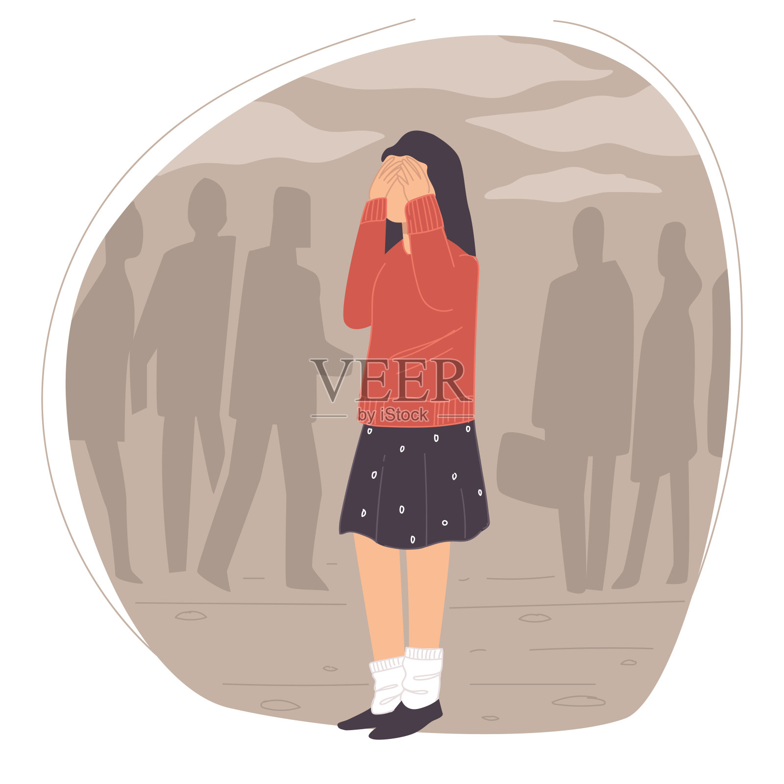 人群中的焦虑或抑郁女性插画图片素材
