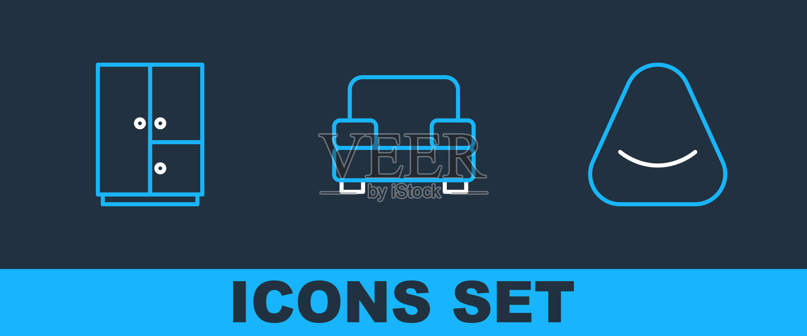 设置线Pouf，衣柜和扶手椅图标。向量插画图片素材