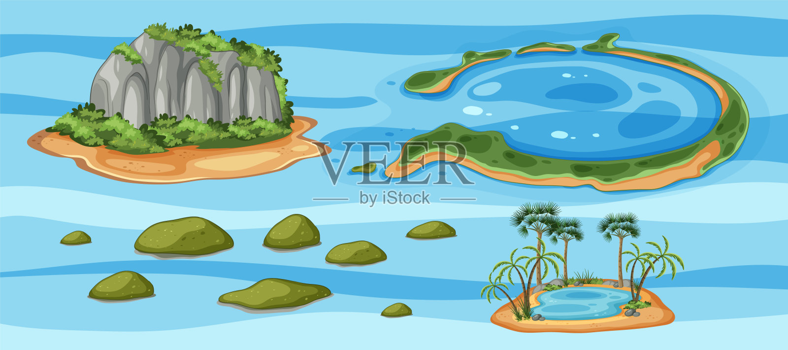 被水环绕的各种岛屿地貌插画图片素材