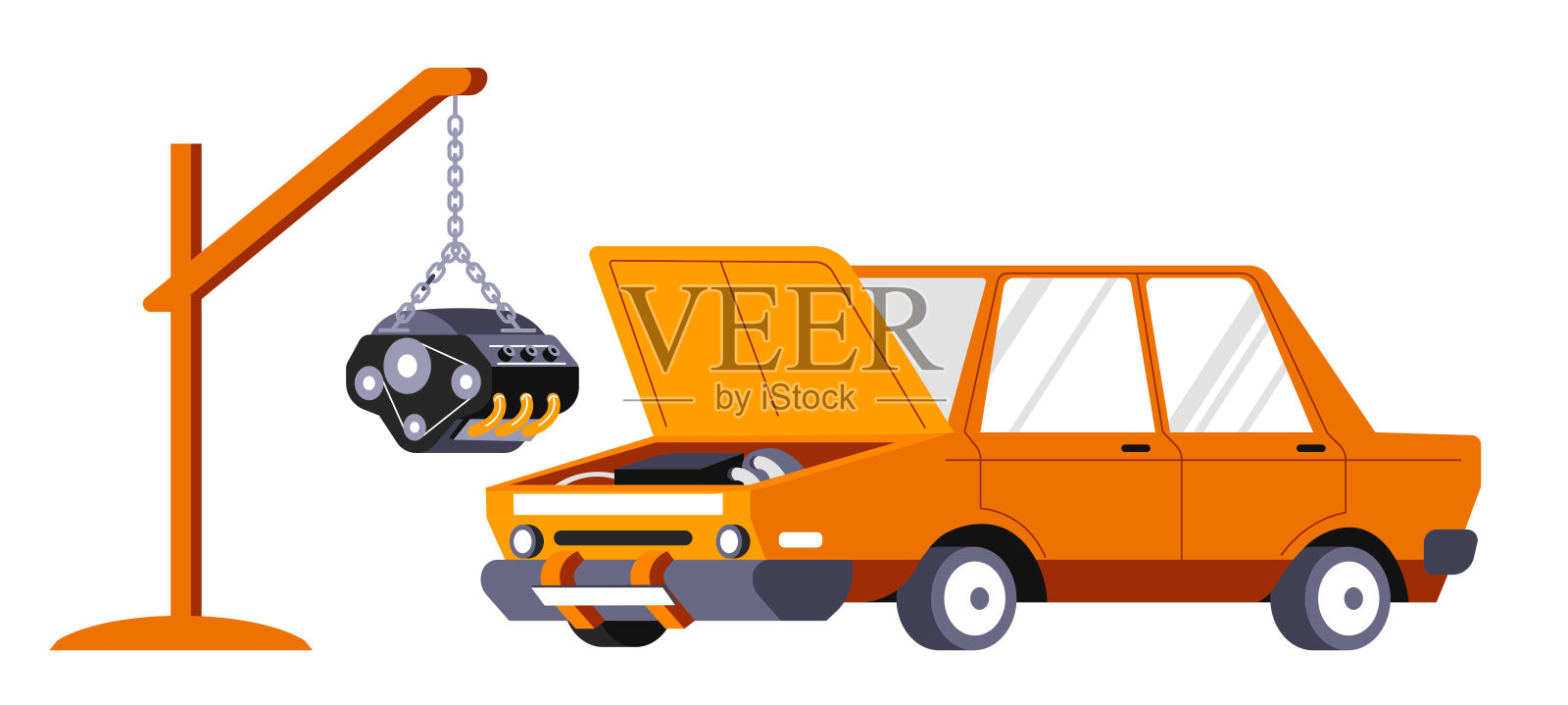 汽车维修，汽车发动机更换插画图片素材