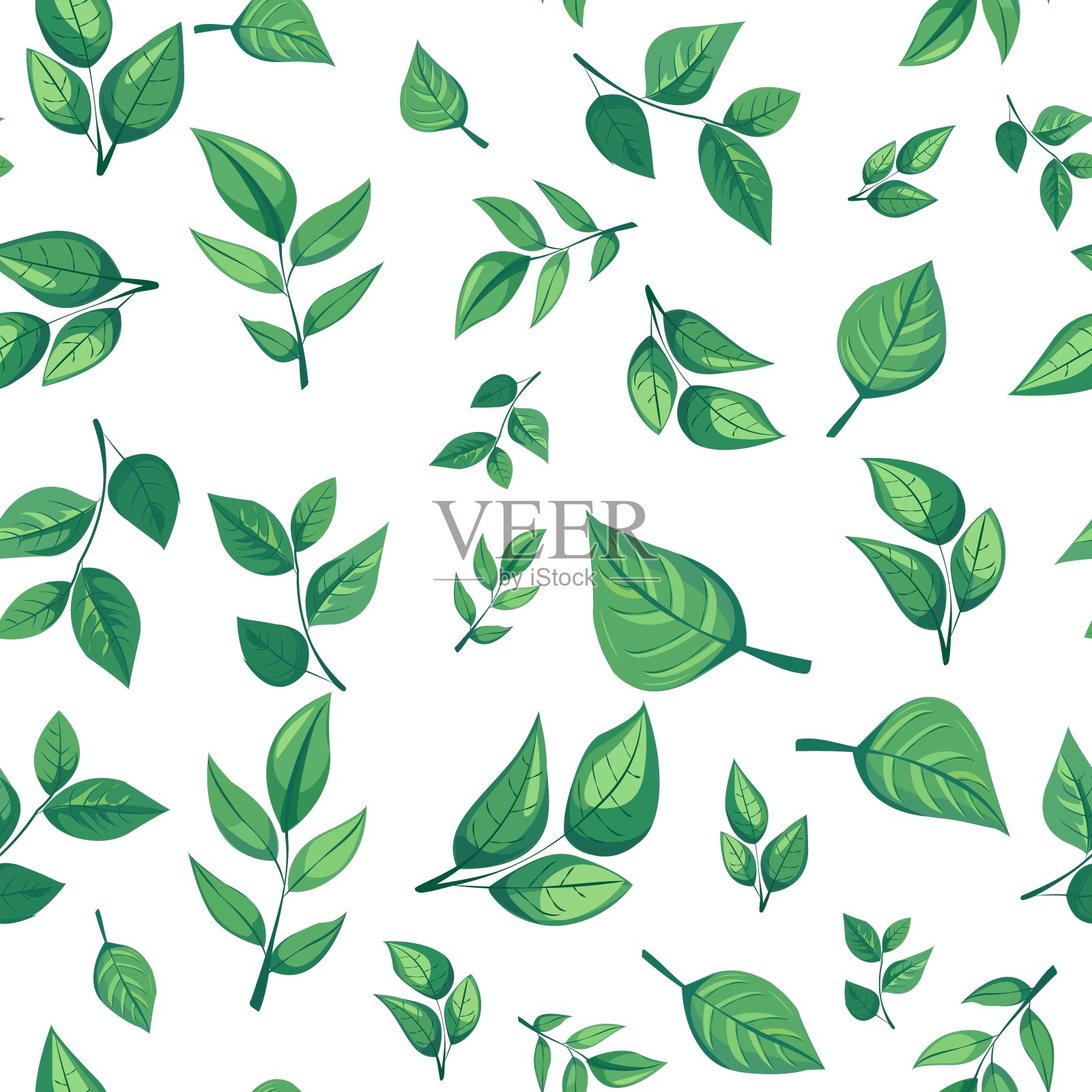 无缝图案的特点是各种色调和形状的绿叶对一个白色的背景。完美的自然主题设计，环保包装，和植物插图插画图片素材