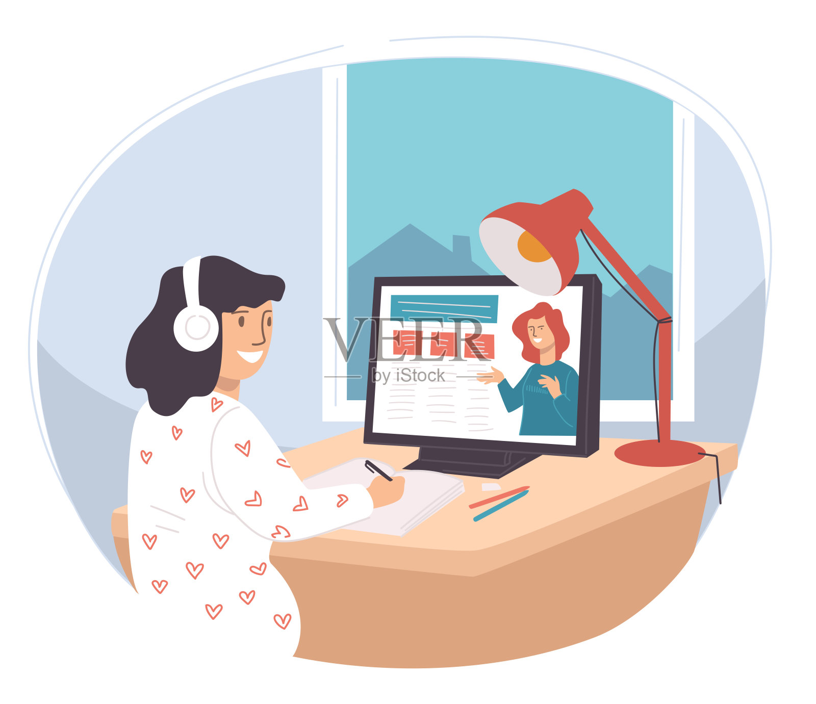 学生使用网络在线课程进行在线学习插画图片素材