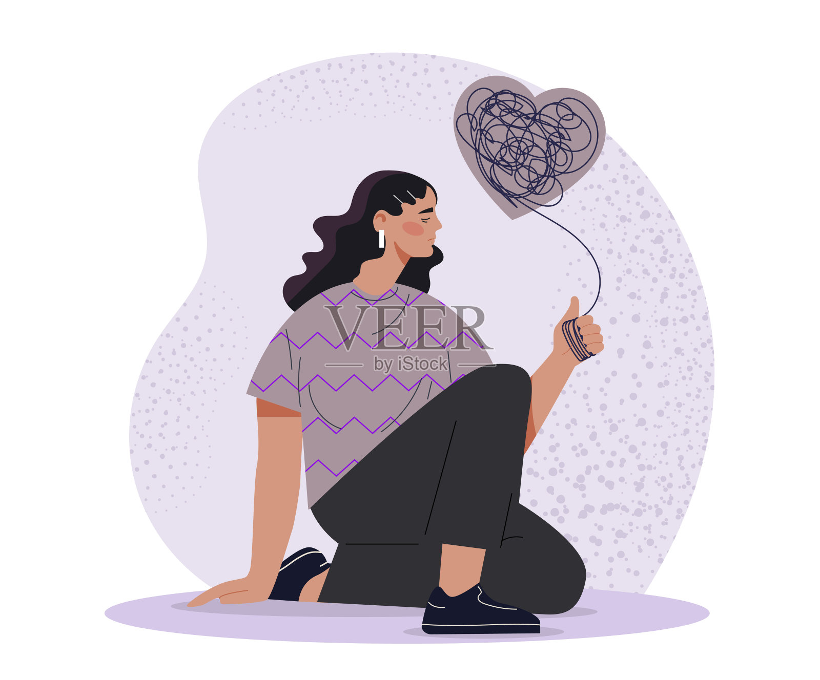 有心理问题的女人。悲伤的年轻女孩坐着。消极的感情和情绪。沮丧。内心有心理痛苦的人。卡通矢量插图插画图片素材