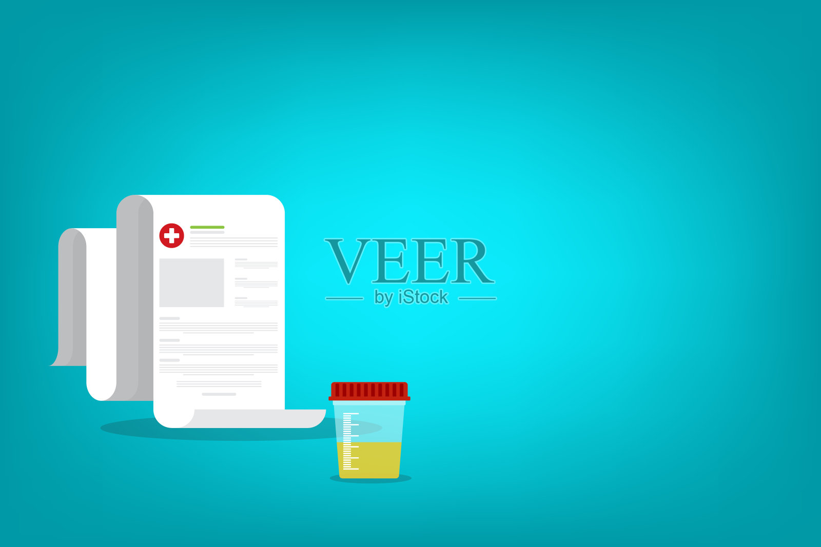 尿液分析。尿检图标。用塑料盒装尿样和医疗报告。插画图片素材