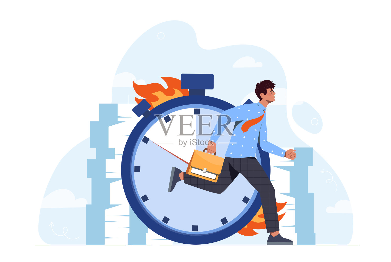 时间管理专家。拿着公文包的年轻人在燃烧的时钟的背景下奔跑。效率和动力。工作狂的商人。卡通矢量插图插画图片素材