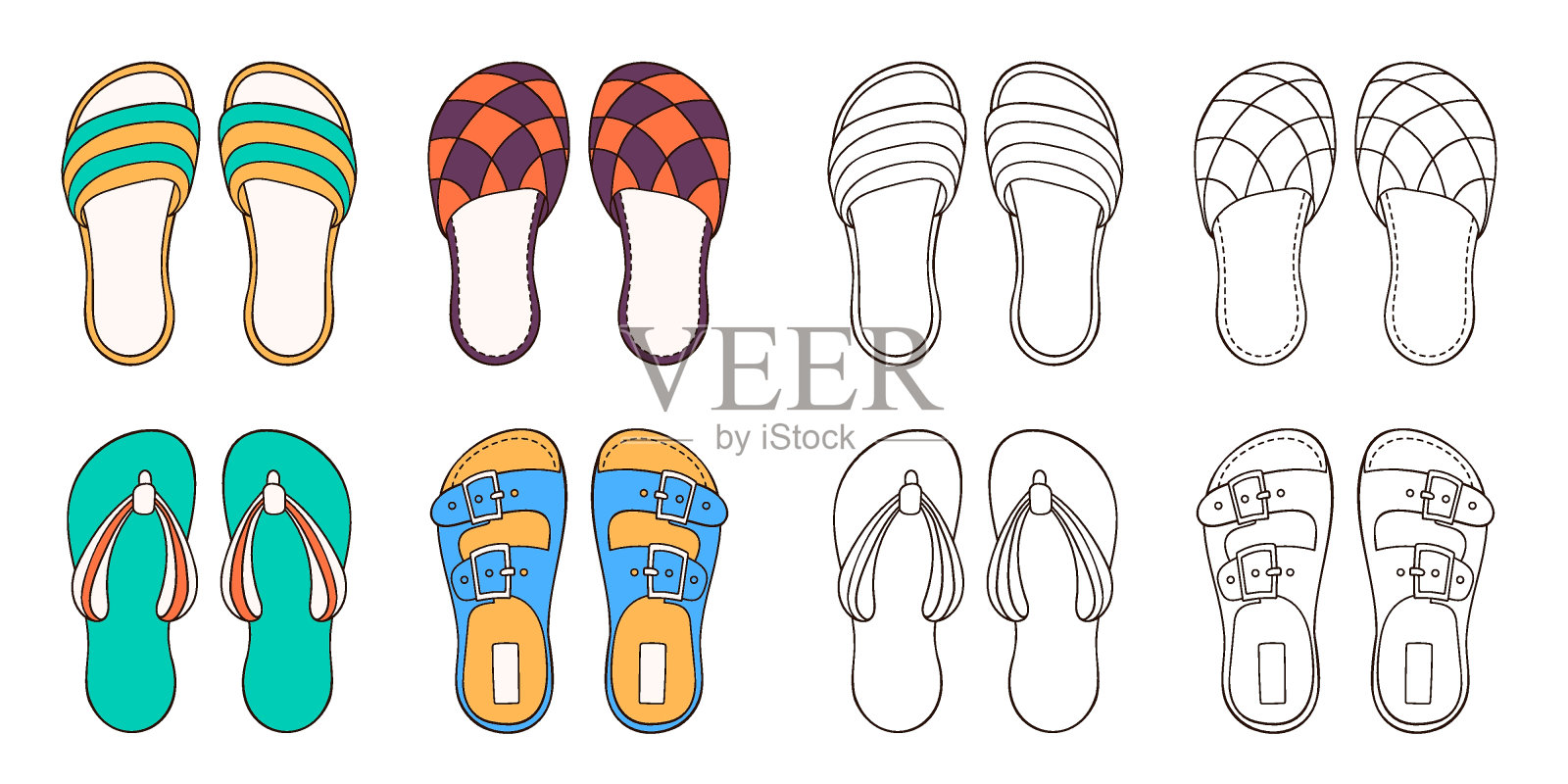 夏季和家庭卡通风格的男鞋系列。手绘，素描休闲鞋的男人。图画书设计。矢量插图孤立在一个白色的背景。插画图片素材