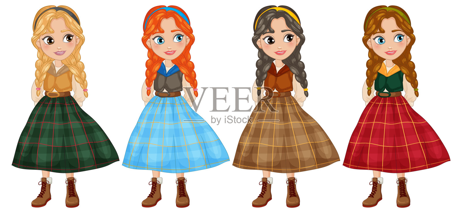 四个女孩穿着五颜六色的格子裙和靴子插画图片素材