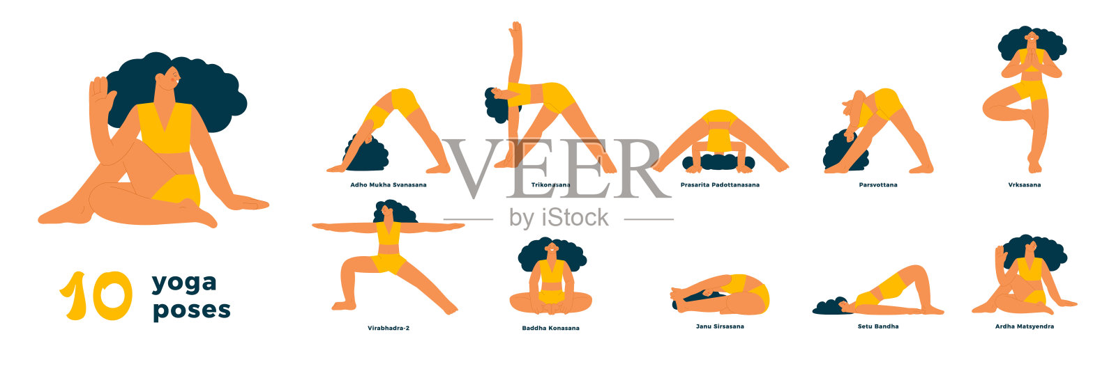 10个瑜伽姿势矢量插图集合。Trikonasana, Prasarita Padotanasana, Pasvottana, Vrksasana, Virabhadra-2, Baddha Konasana, Janu Sirsasana, Setu Bandha, Ardha Matsyendra, Adho Mukha Svana。插画图片素材