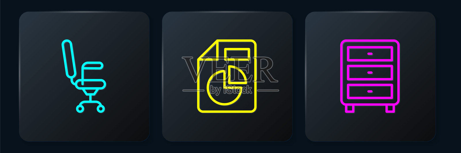 设置办公椅，档案文件抽屉和文件与图表。黑色方形按钮。向量插画图片素材