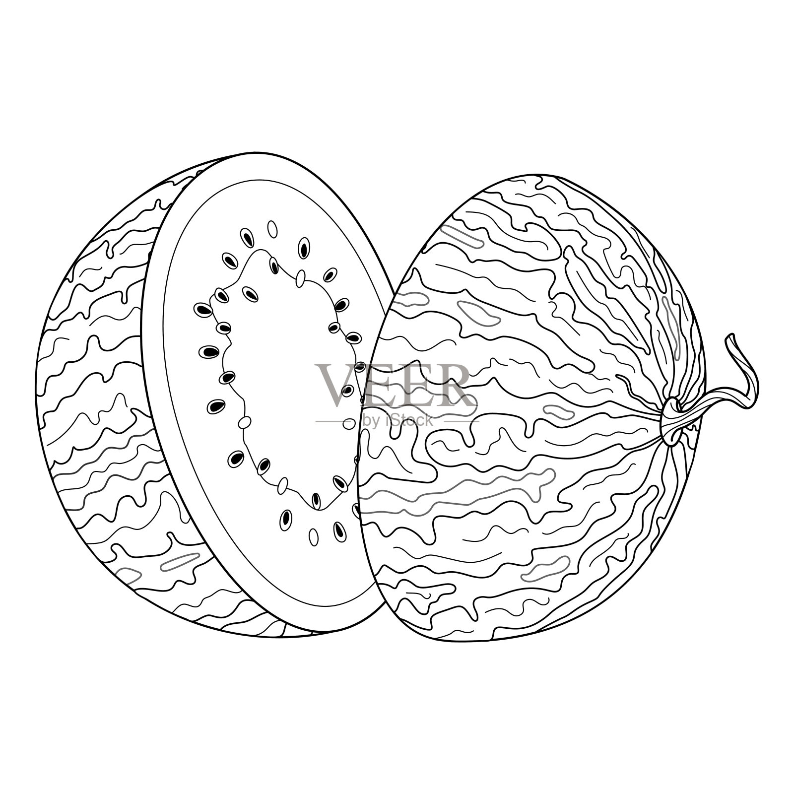 熟切西瓜两个西瓜半手绘涂鸦风格的夏季水果插画图片素材